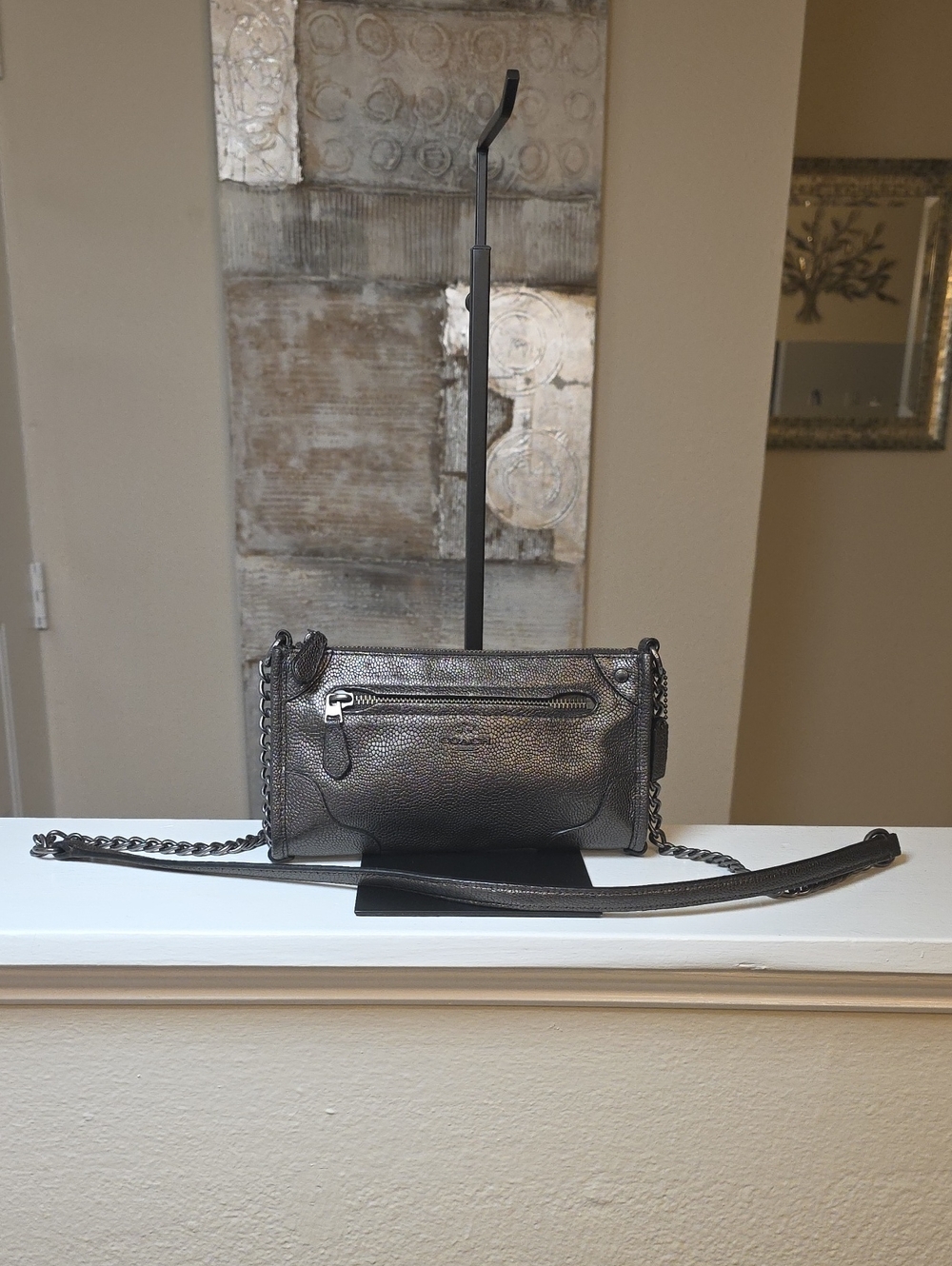 Coach F52668 Mickey Silver Grey Caviar Leather Chain Strap Zip Top Crossbody EUC